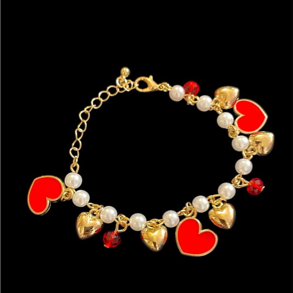 Cherry Heart Pearl Charm Bracelet – Gold Tone, Adjustable
